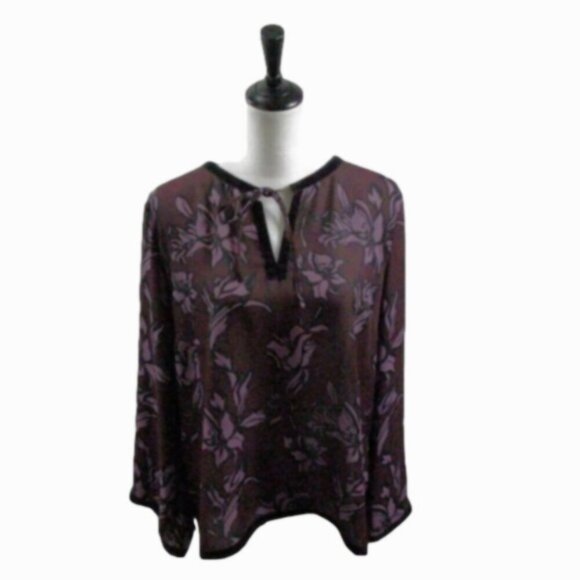 Gloria Vanderbilt Wine/Lilac Floral Semi Sheer Tie Front Blouse Size Large - Picture 3 of 6